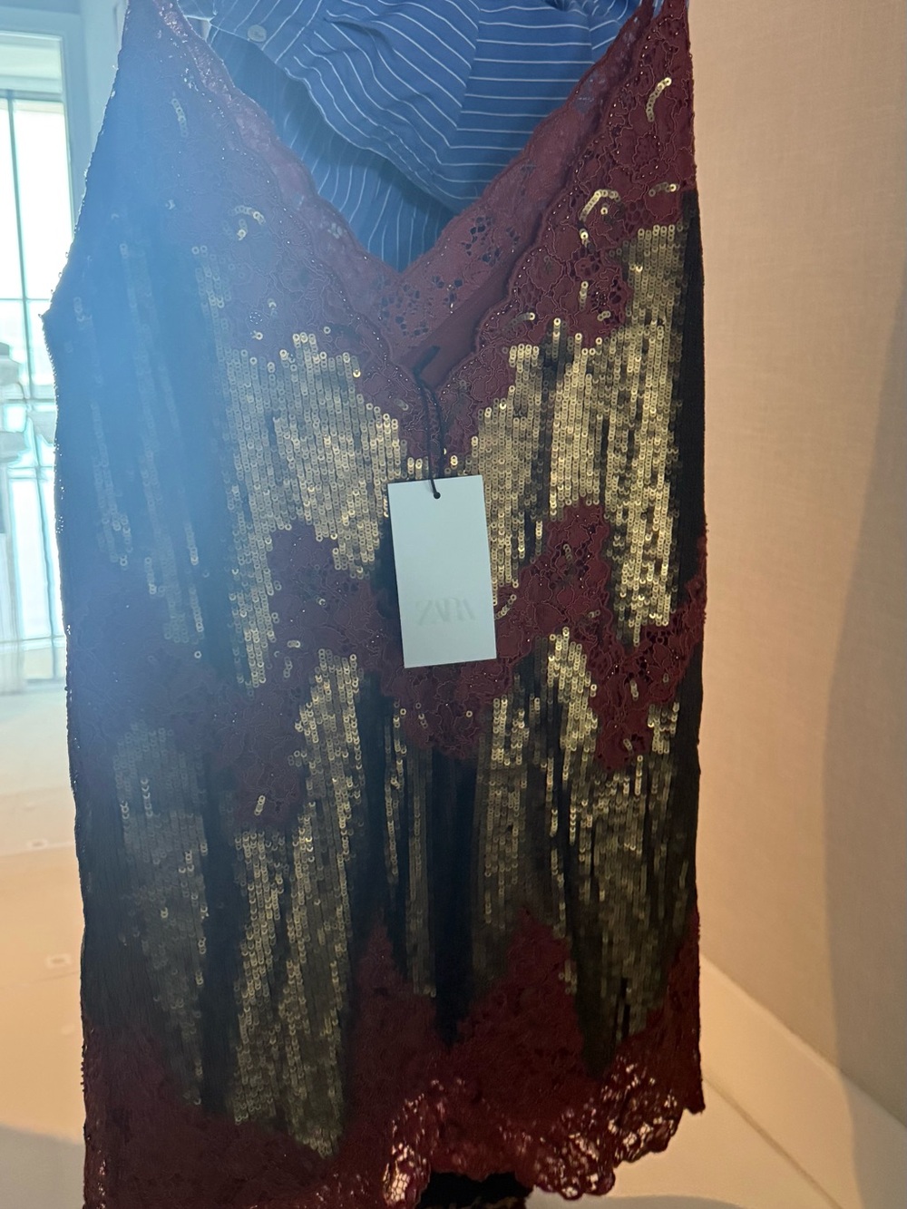 Zara Burgundy Lace Strapless Dress with Gold Sequin Detail